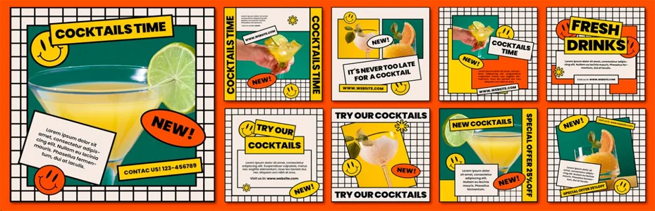 Contoh konten social media untuk bar dengan tema kuning dan oranye - desain feed Instagram profesional