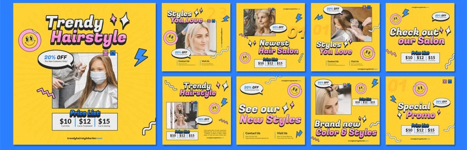 Contoh konten social media barbershop dengan tema kuning pink - desain feed Instagram yang menarik