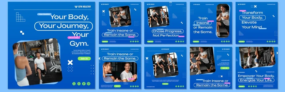 Contoh konten social media gym fitness dengan tema biru - desain feed Instagram gym profesional
