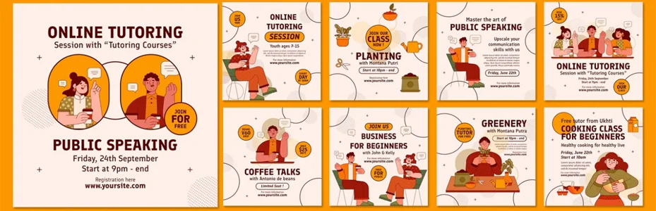 Contoh konten social media kursus online dengan tema oranye - desain feed Instagram edukasi