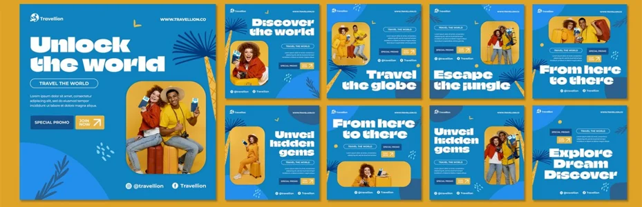 Contoh konten social media travel dengan tema biru kuning - desain feed Instagram wisata