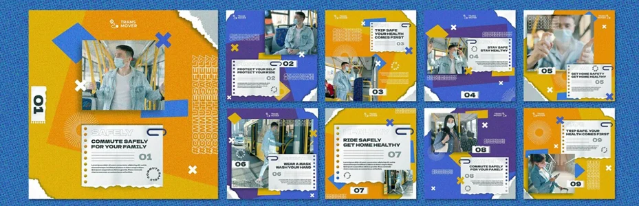 Contoh konten social media travel colorful dengan tema vibrant - desain feed Instagram adventure