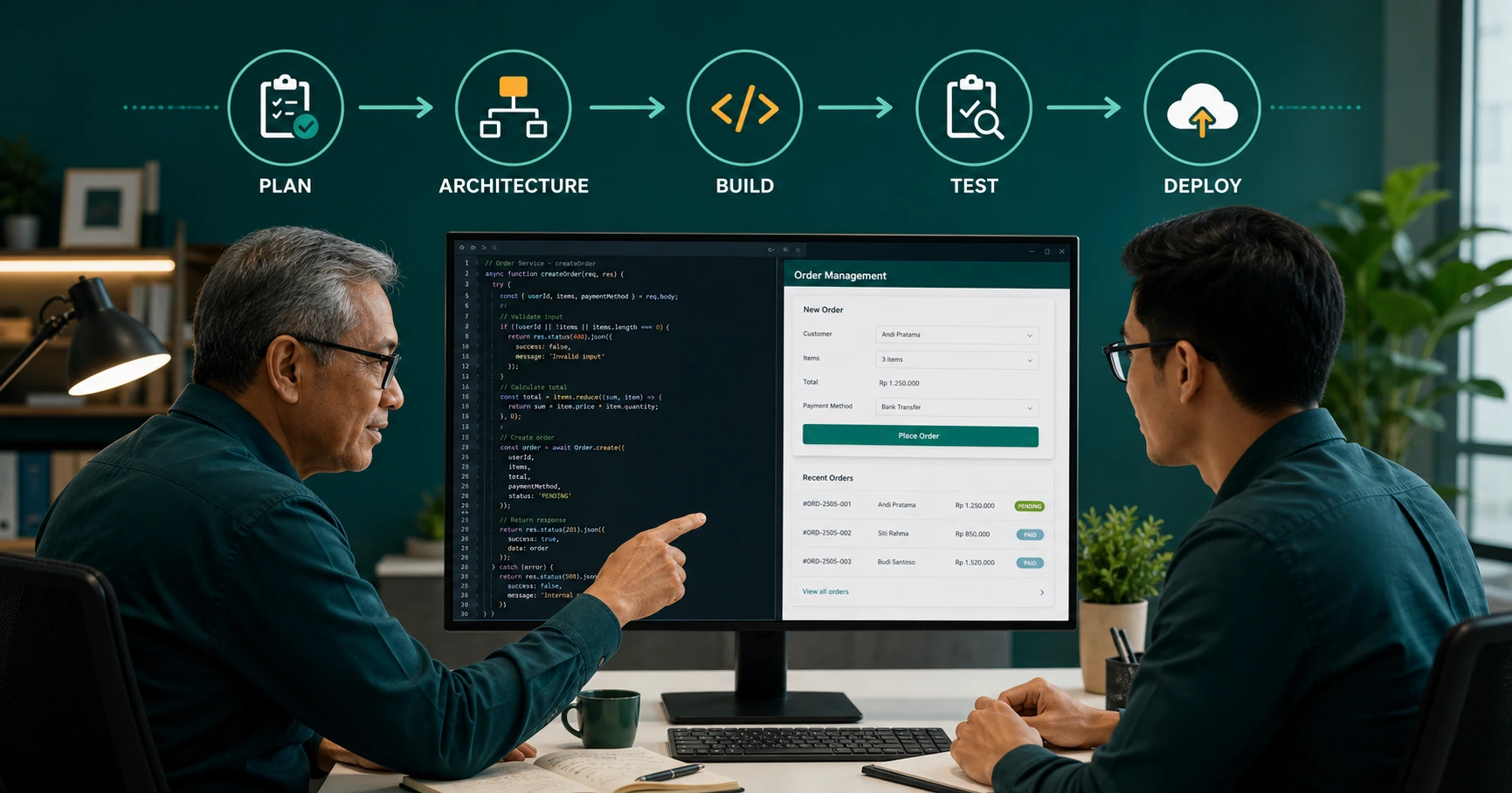 Mentor dan programmer membangun satu aplikasi nyata melalui tahap plan, architecture, build, test, dan deploy